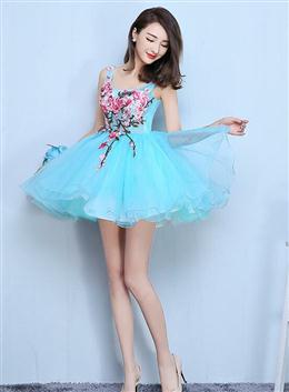 Picture of Blue Organza Mini Party Dresses with Embroidery Homecoming Dresses, Blue Short Dresses